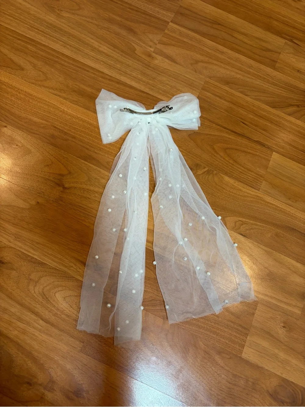 White Tulle Bow Hair Accessory with Pearls
